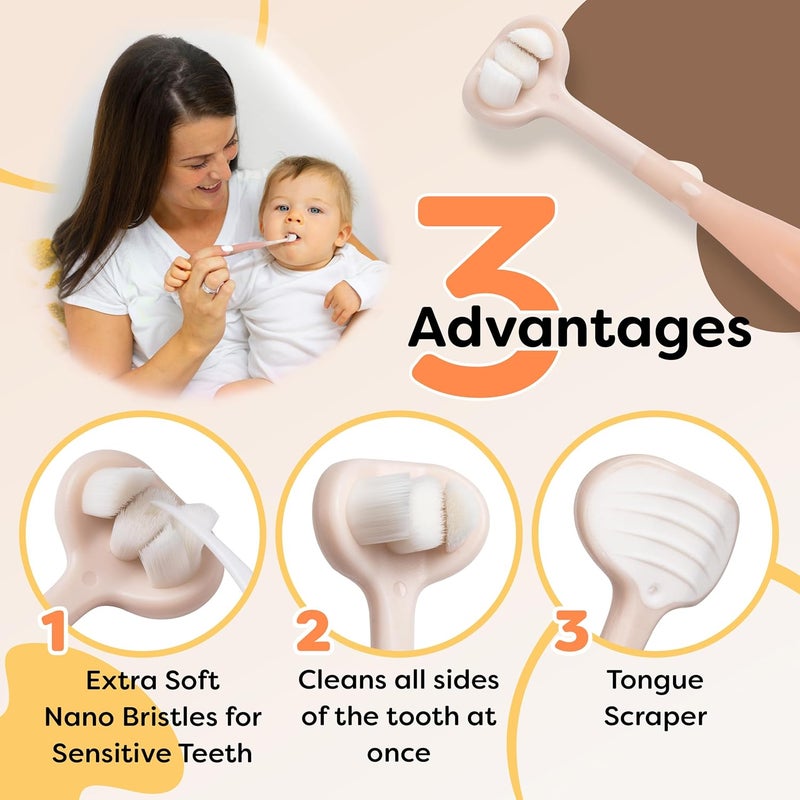 Trueocity Baby Toothbrush 12 Months and Up, Toddler Toothbrush, Extra Soft Toddler Toothbrushes 1-2 2-4, Toothhugger High Efficient 3 Sides,Infant Training Brush, 10,000 Ultra-Soft bristles (Apricot) - Image 3